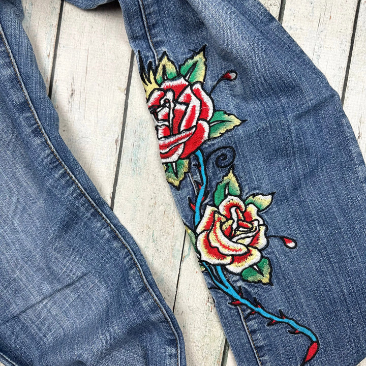 Ed Hardy 'Love Kills' Tattoo Print Ladies Denim Jeans - Size 29 - Jean Pool