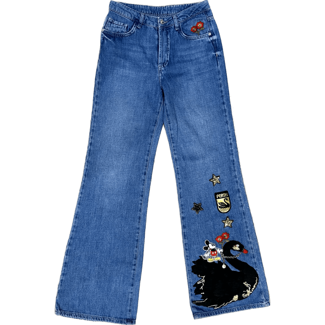 Reworked ‘Mickey comes to Perth’ Flare Jeans - Size 8/9 - Jean Pool