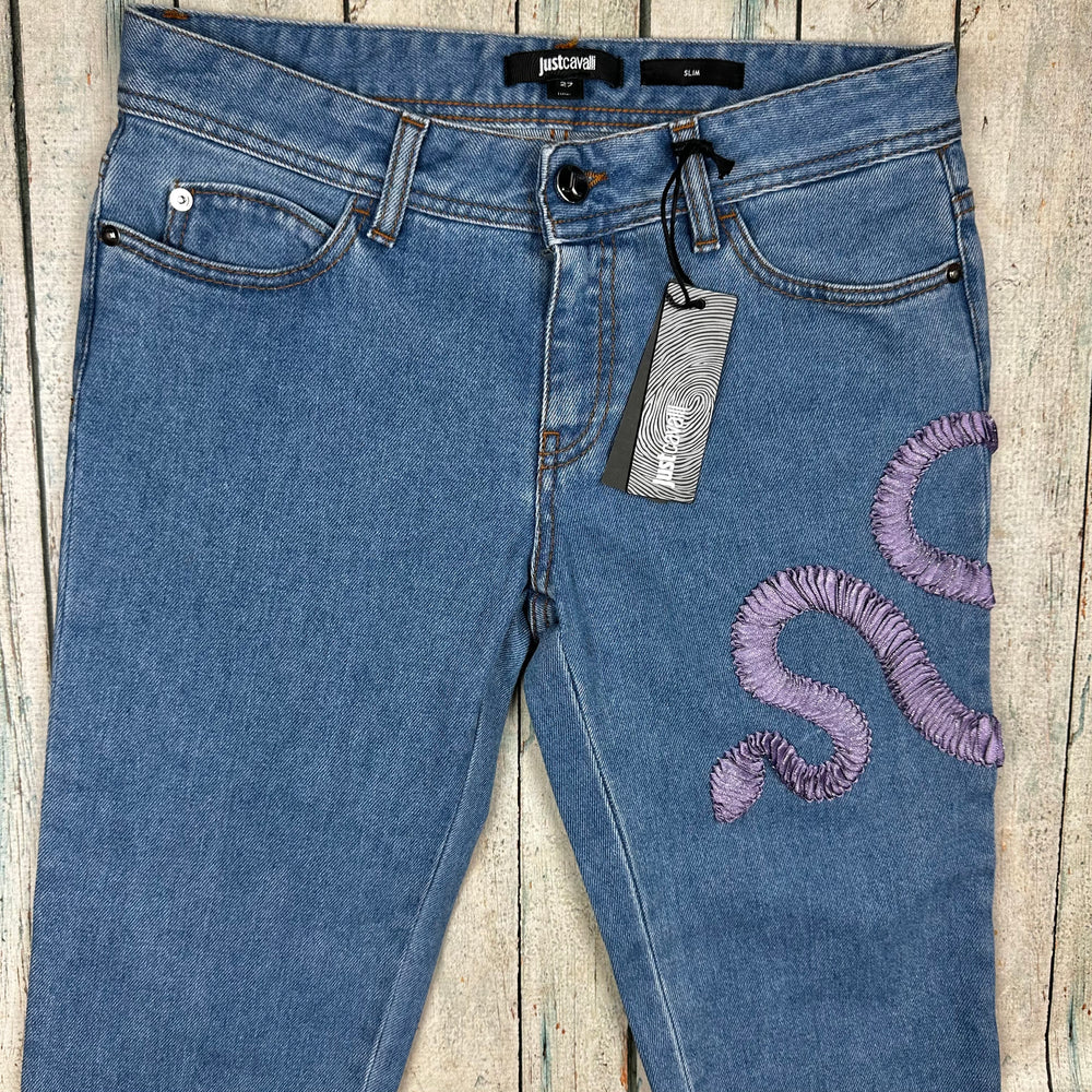 NWT-Just Cavalli Italian Ladies Purple Snake Jeans - Size 27 - Jean Pool