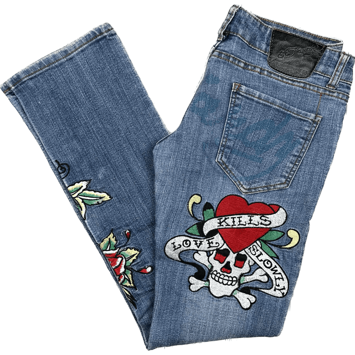 Ed Hardy 'Love Kills' Tattoo Print Ladies Denim Jeans - Size 29 - Jean Pool