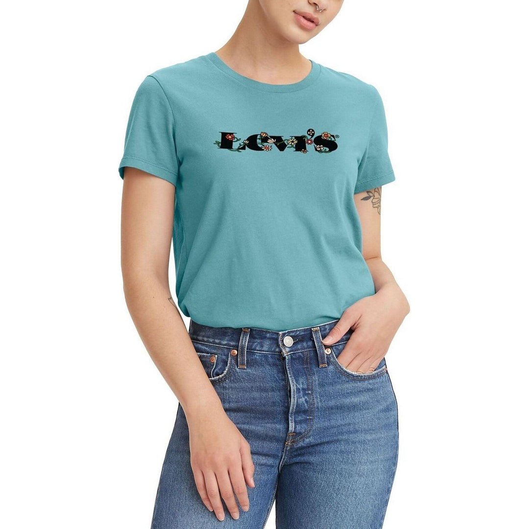 NWT- Levis Blue Crew Neck Floral Logo T Shirt - Size S - Jean Pool