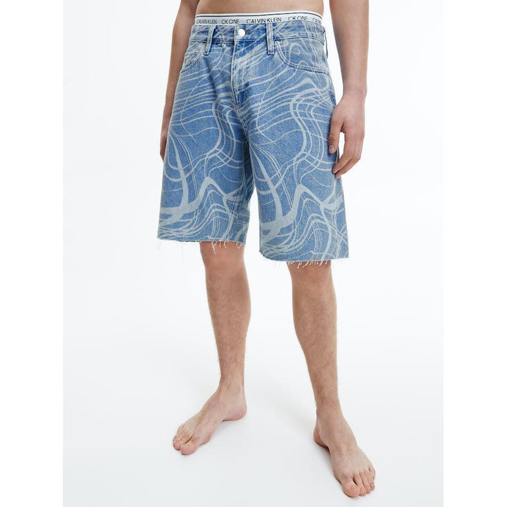 NWT- Calvin Klein Mens Wide Leg Printed Denim Shorts -Size 32 - Jean Pool