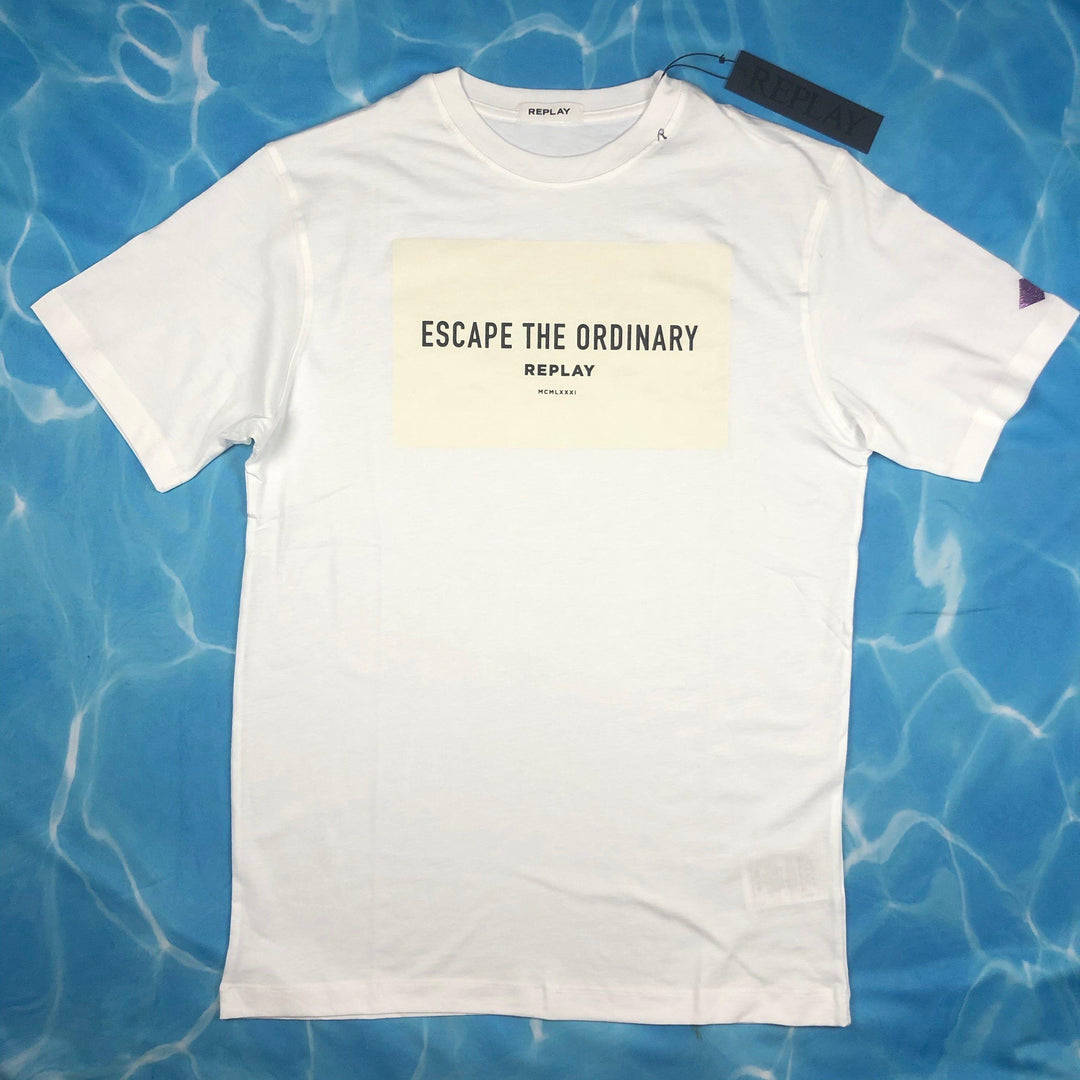 NEW - Replay Ladies 'Escape the Ordinary' Oversized Crew Neck White Logo T Shirt - Size M - Jean Pool