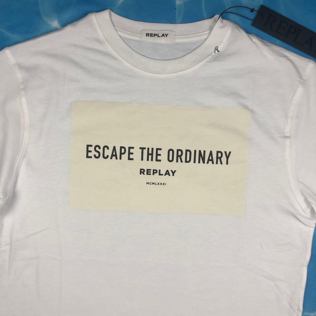 NEW - Replay Ladies 'Escape the Ordinary' Oversized Crew Neck White Logo T Shirt - Size M - Jean Pool