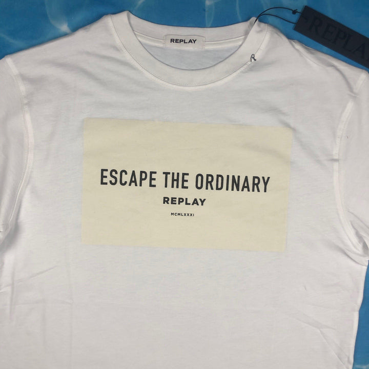 NEW - Replay Ladies 'Escape the Ordinary' Oversized Crew Neck White Logo T Shirt - Size M - Jean Pool