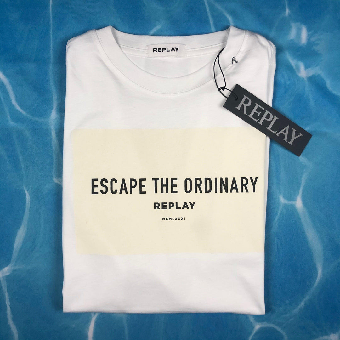 NEW - Replay Ladies 'Escape the Ordinary' Oversized Crew Neck White Logo T Shirt - Size M - Jean Pool