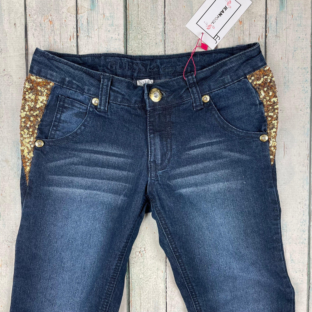 Guess Girls Crystal Logo Sequin Insert Jeans - Size 10Y - Jean Pool