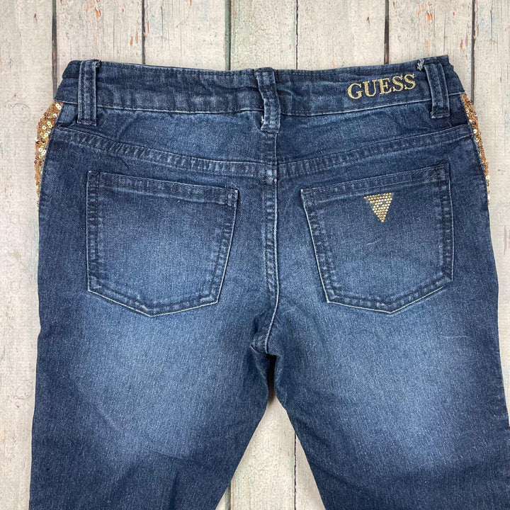 Guess Girls Crystal Logo Sequin Insert Jeans - Size 10Y - Jean Pool