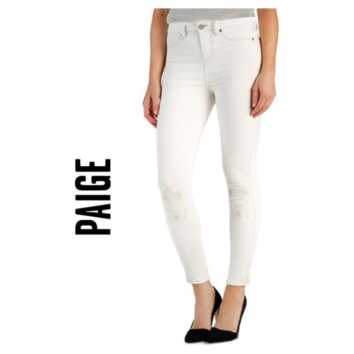 NWT- Paige Denim 'Verdugo Ankle' Ivory Fleur Embroidered Jeans- Size 24 - Jean Pool