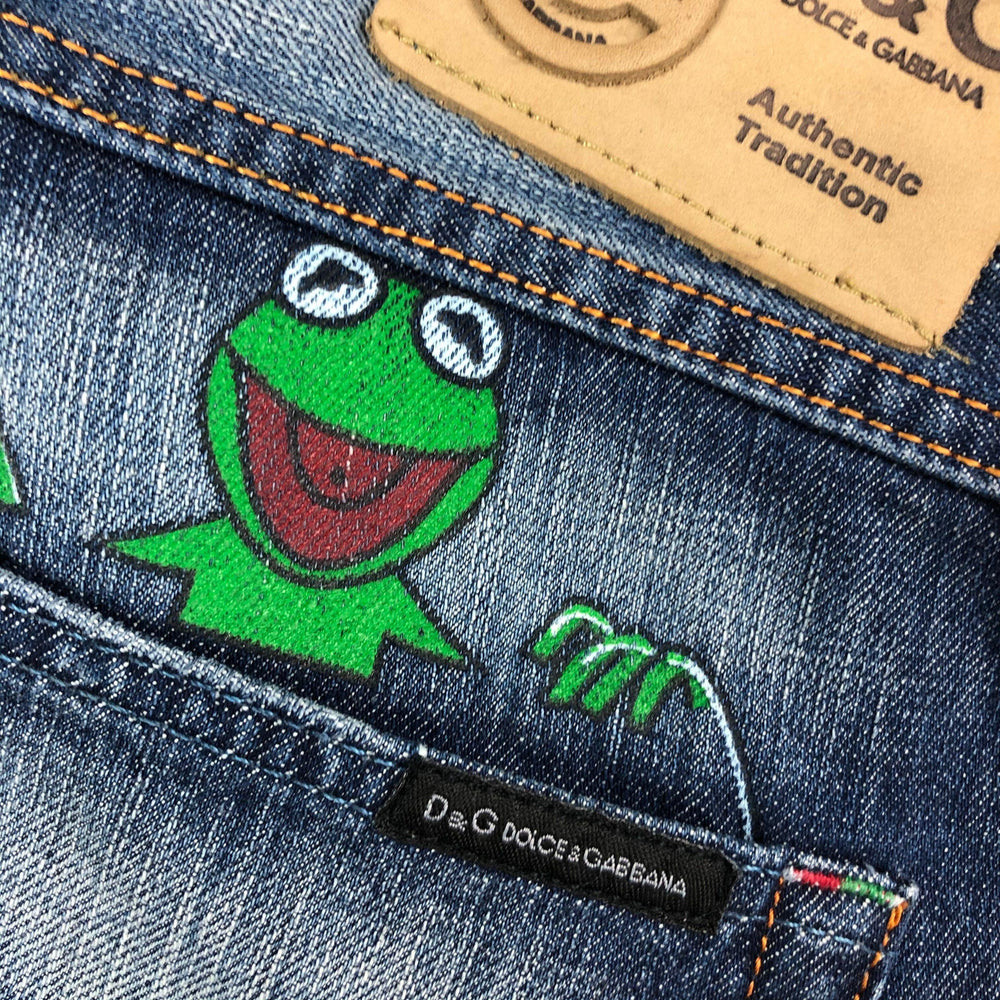 NWT- Dolce & Gabbana D&G Painted Kermit the Frog Jeans - Size 31-Jean Pool