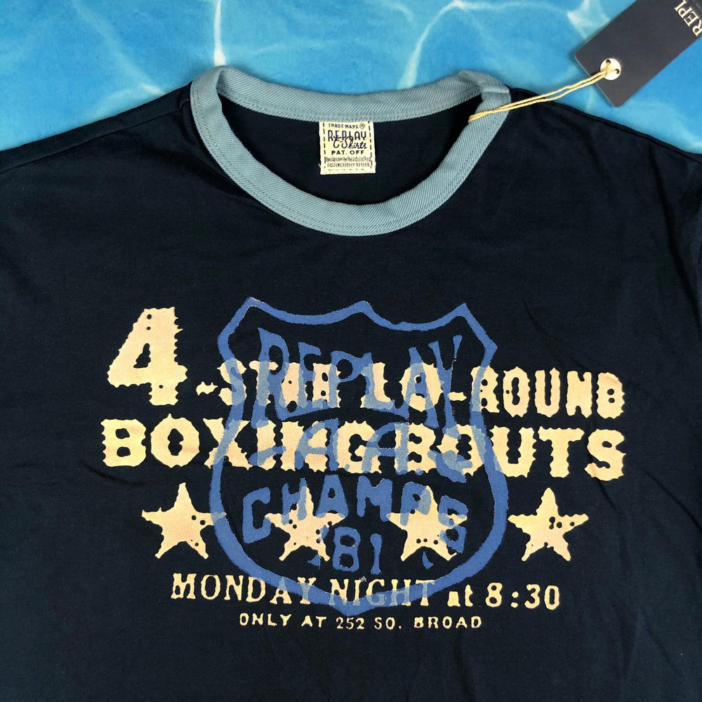 NEW - Replay Jeans Navy Crew Neck Boxing Champ. Logo T Shirt - Size S - Jean Pool
