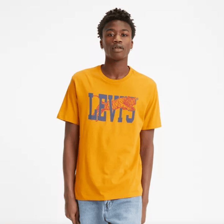 NWT - Levis Mustard Crew Neck 'Tiger' Logo T Shirt - Size XL - Jean Pool