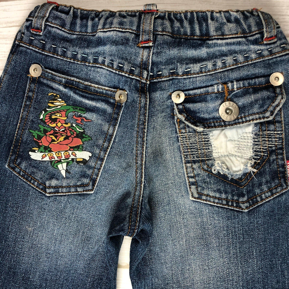 Rock your Baby Tattoo Print Distressed Denim Jeans- Size 4-Jean Pool