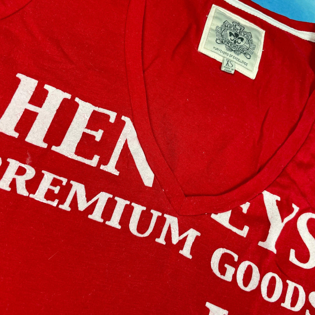 Henleys Ladies Red V Neck Logo T Shirt - Size XS - Jean Pool