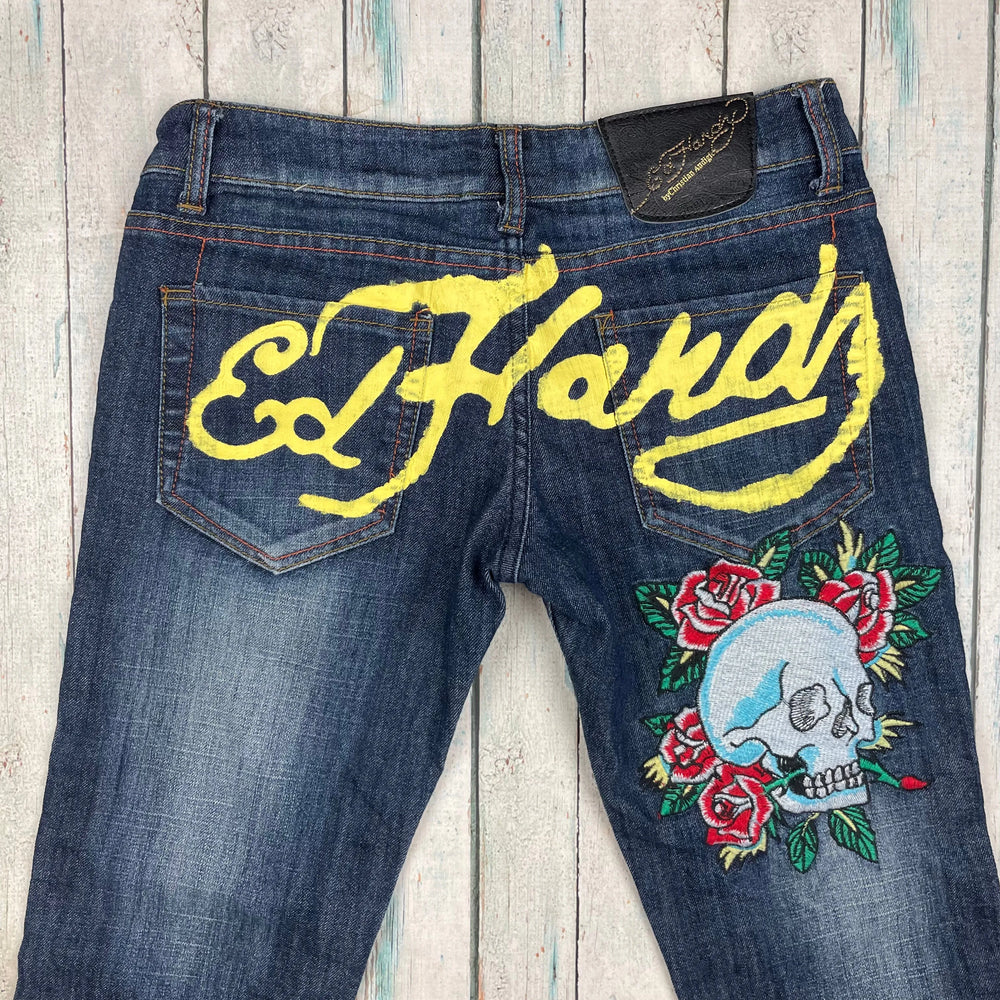 Ed Hardy Logo Seat Embroidered Tattoo Design Ladies Denim Jeans - Suit Size 8/9 - Jean Pool