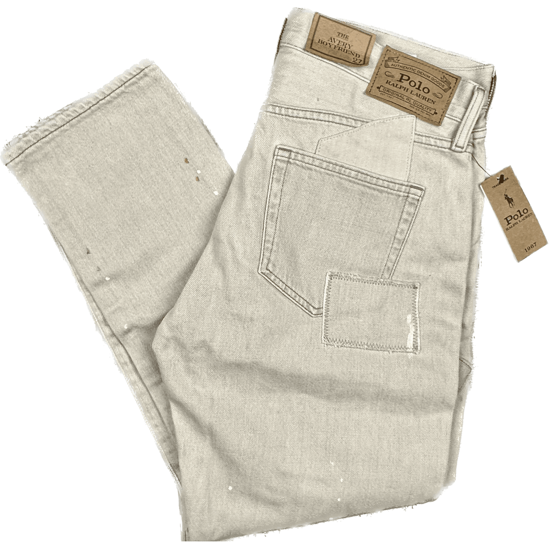 NWT-Ralph Lauren 'Avery Boyfriend' Patchwork Beige Denim Jeans - Size 27 - Jean Pool