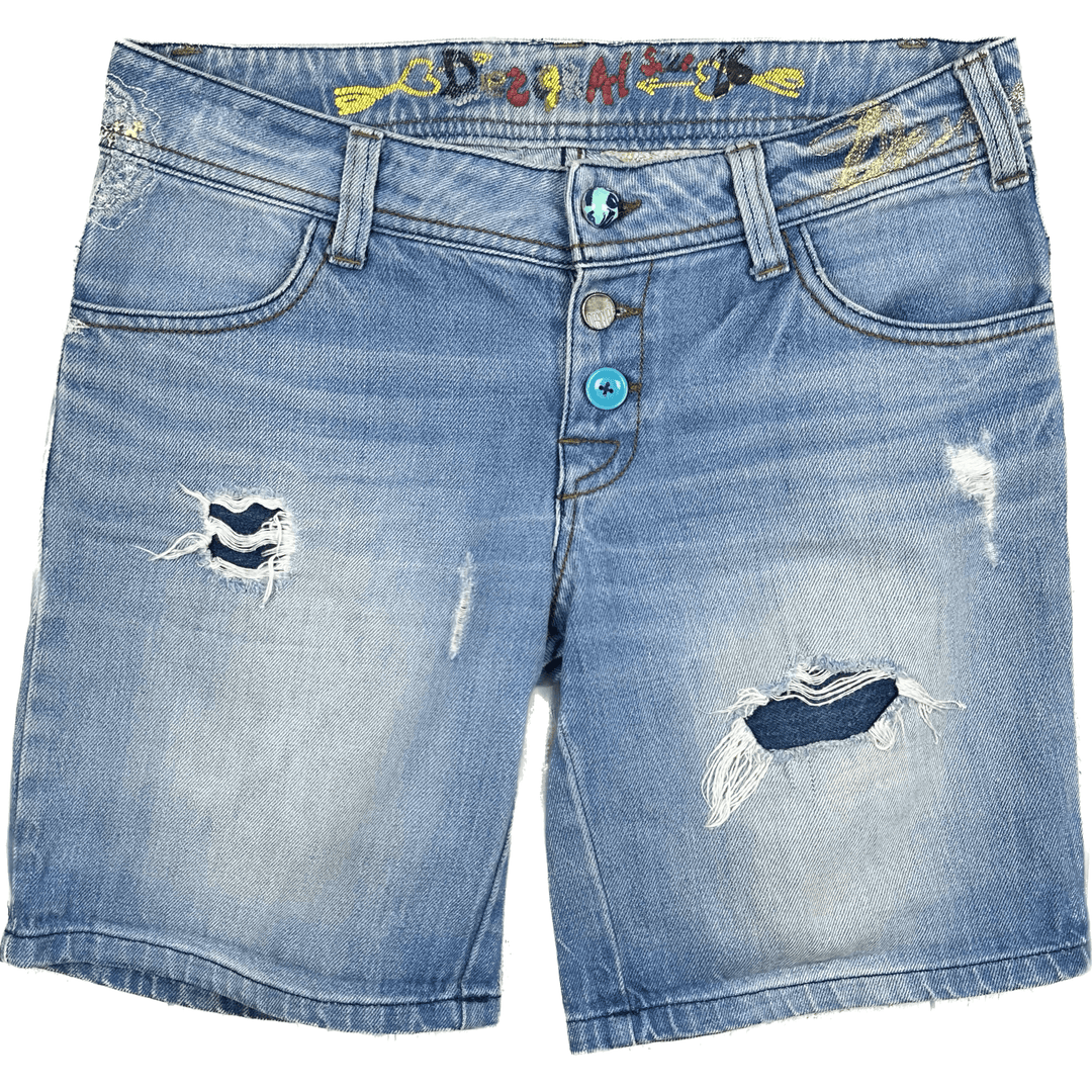 Desigual Ladies Destroyed Denim Embroidered Shorts -Size 29 - Jean Pool