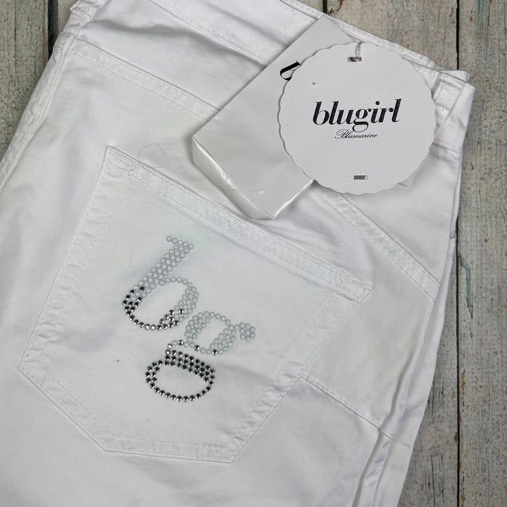 NWT -Blugirl by Blumarine Jewelled Slim Fit White Italian Jeans -Size 14 - Jean Pool