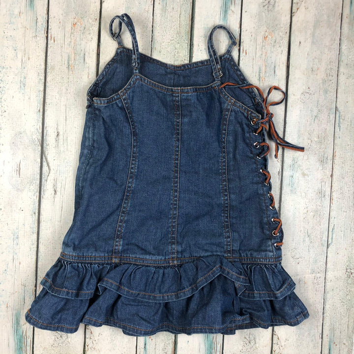 Fred Bare Girls Denim Frilled Dress Lace up sides - Size 4 - Jean Pool