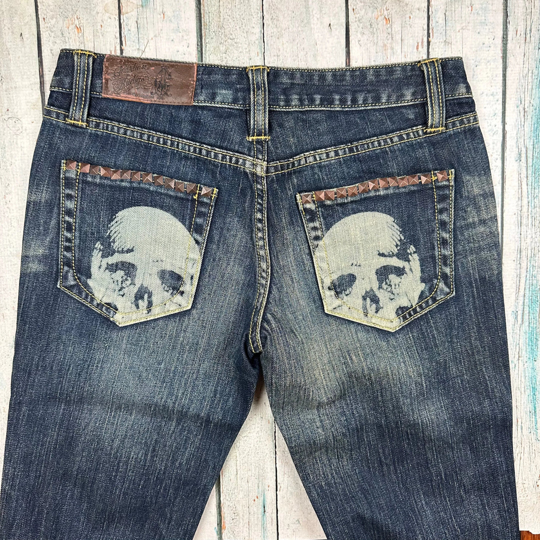 NWT- Christian Audigier Skull Tattoo Ladies Low Rise Denim Jeans - Size 28 - Jean Pool