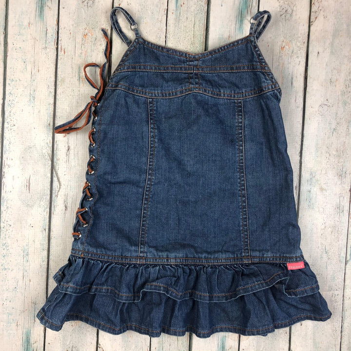 Fred Bare Girls Denim Frilled Dress Lace up sides - Size 4 - Jean Pool