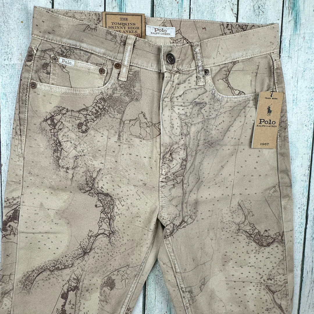 NWT-Ralph Lauren 'Tompkins Skinny' Map Print Beige Denim Jeans - Size 28 - Jean Pool