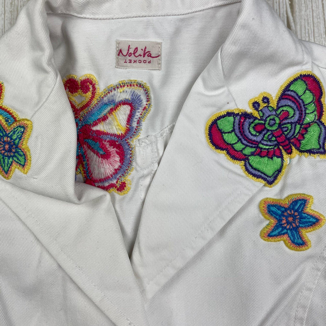 Nolita Pocket White Denim Blazer Jacket with Embroidered Patches - Size 6Y - Jean Pool