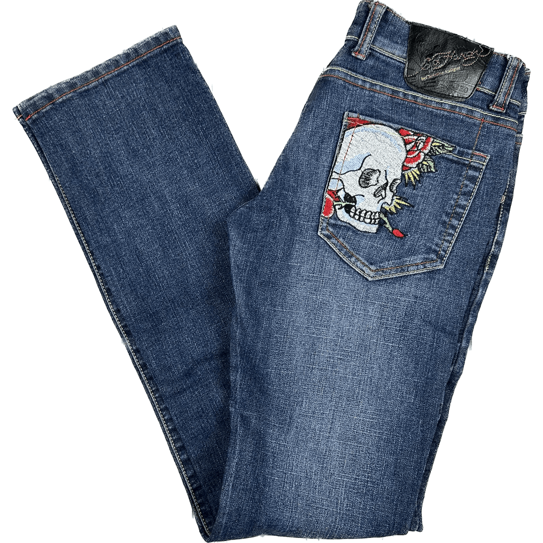 Ed Hardy Skull Tattoo Embroidered Ladies Low Rise Denim Jeans - Size 28 - Jean Pool