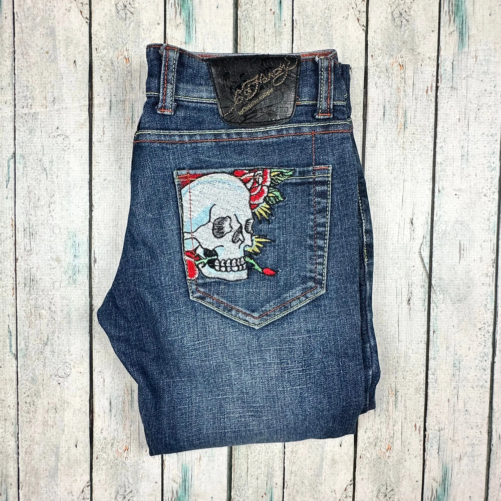Ed Hardy Skull Tattoo Embroidered Ladies Low Rise Denim Jeans - Size 28 - Jean Pool