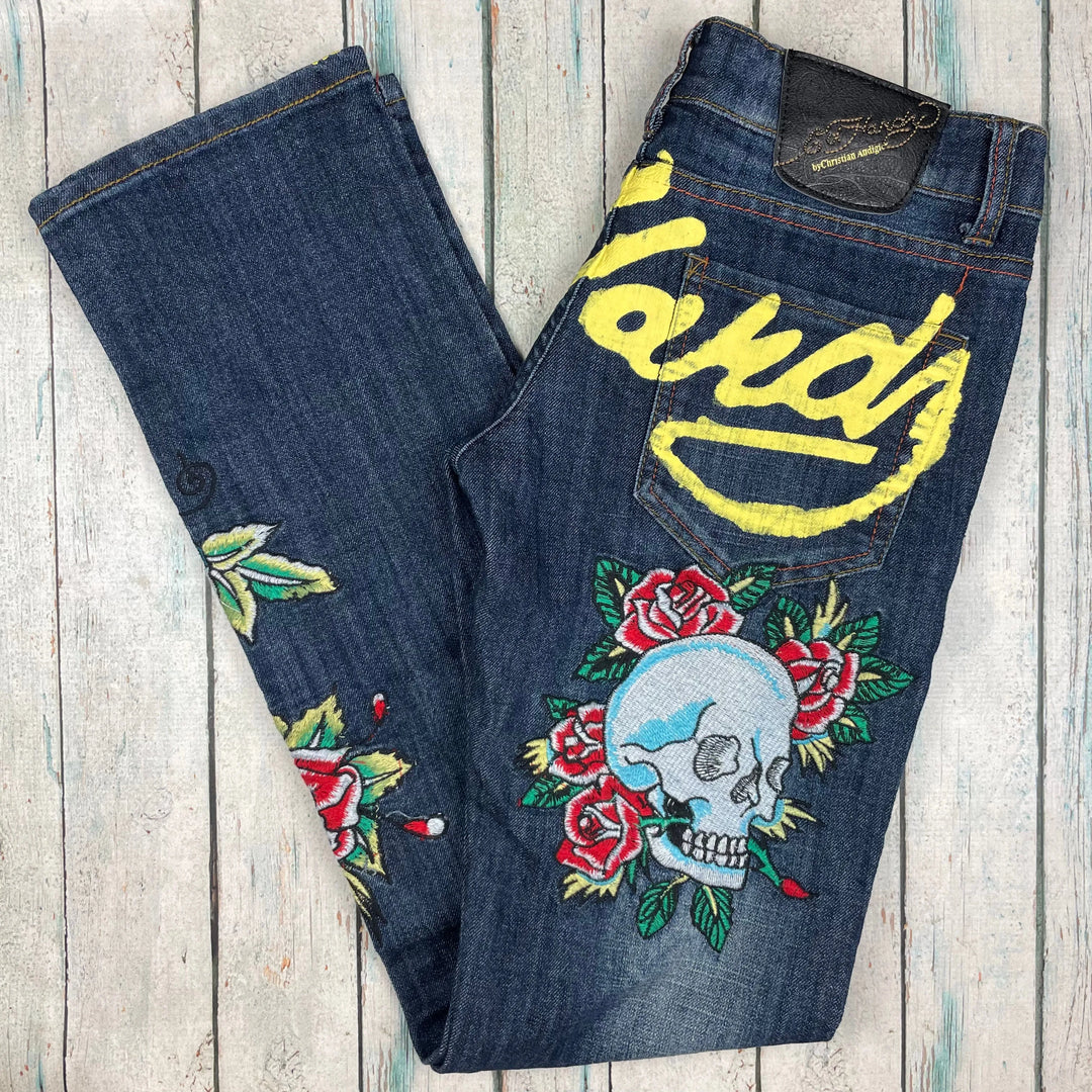 Ed Hardy Logo Seat Embroidered Tattoo Design Ladies Denim Jeans - Suit Size 8/9 - Jean Pool