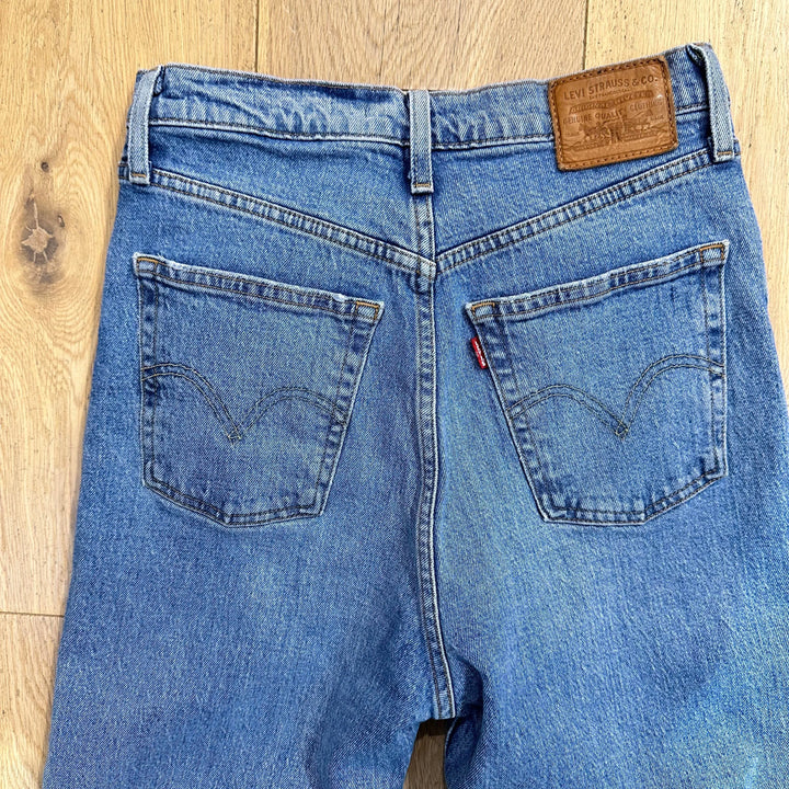 Reworked Levis 'Ribcage Straight' Jeans Recycle Print - Size 28 - Jean Pool