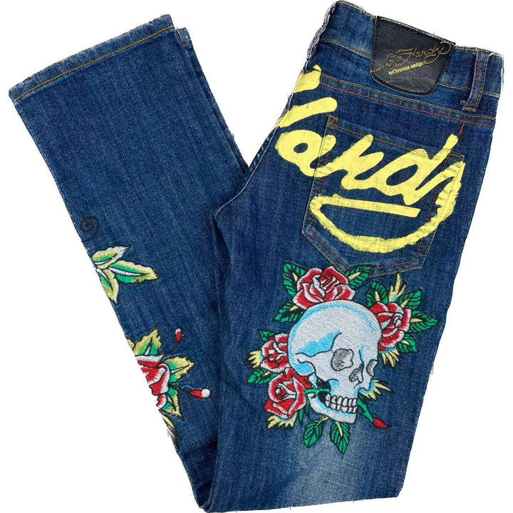 Ed Hardy Logo Seat Embroidered Tattoo Design Ladies Denim Jeans - Suit Size 8/9 - Jean Pool