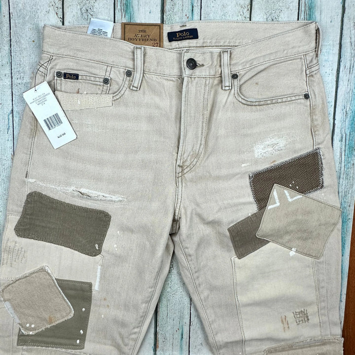 NWT-Ralph Lauren 'Avery Boyfriend' Patchwork Beige Denim Jeans - Size 27 - Jean Pool