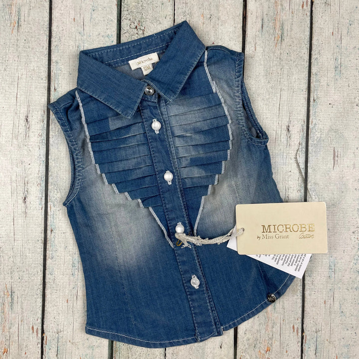 NWT - Microbe Italy Frill front Sleeveless Denim Shirt- Size 6M - Jean Pool