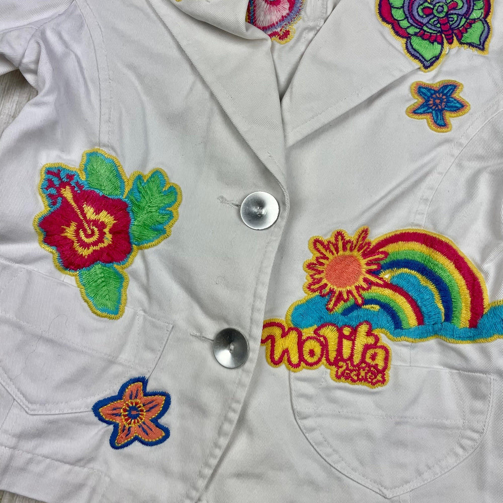 Nolita Pocket White Denim Blazer Jacket with Embroidered Patches - Size 6Y - Jean Pool