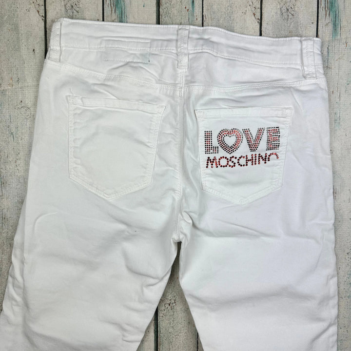 NWT- Love Moschino Ladies White Slim Fit Diamante Logo Jeans- Size 27 - Jean Pool