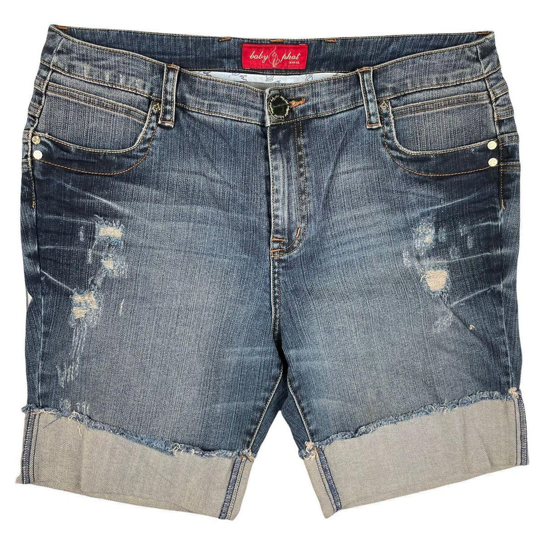NEW- Baby Phat Cuffed Distressed Denim Shorts- Size 14 - Jean Pool