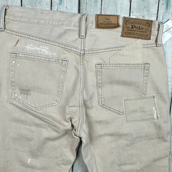 NWT-Ralph Lauren 'Avery Boyfriend' Patchwork Beige Denim Jeans - Size 27 - Jean Pool