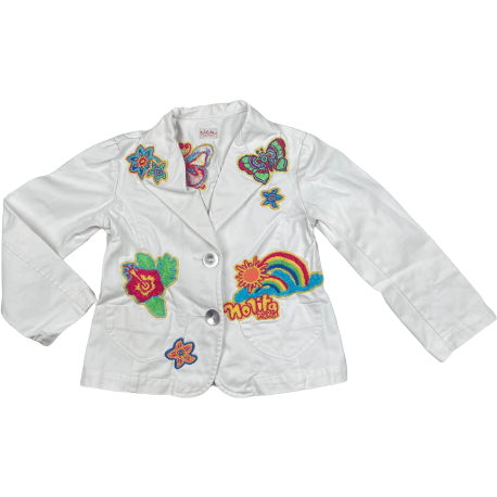 Nolita Pocket White Denim Blazer Jacket with Embroidered Patches - Size 6Y - Jean Pool