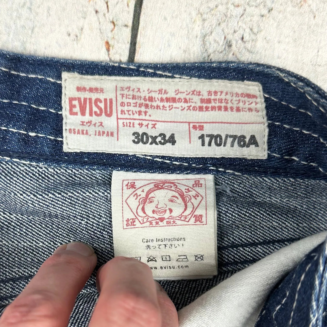 Evisu Japan - Y2K Straight Leg Pinstripe Logo Pocket Jeans - Size 30/34 - Jean Pool