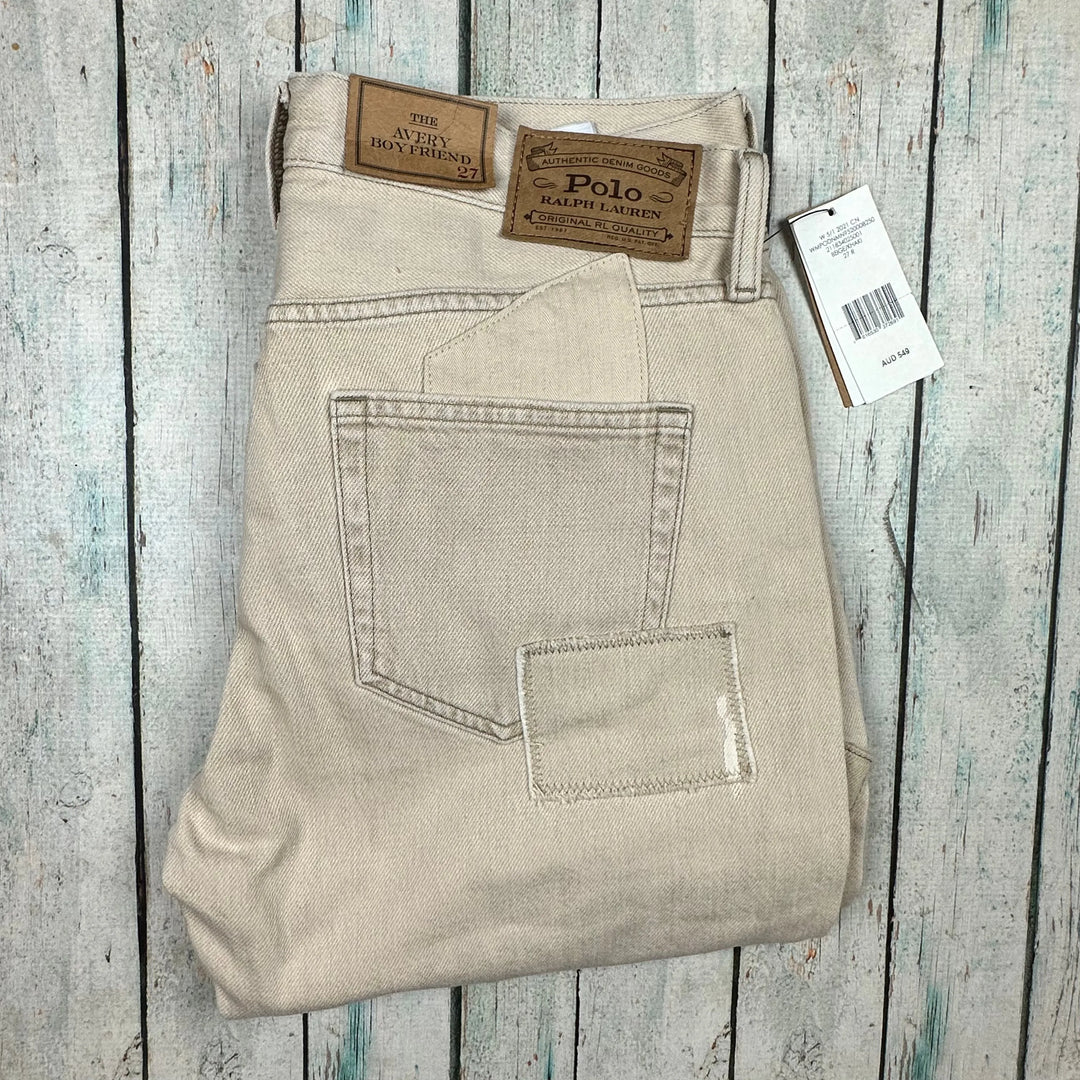 NWT-Ralph Lauren 'Avery Boyfriend' Patchwork Beige Denim Jeans - Size 27 - Jean Pool