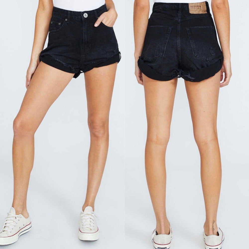 NWT- One Teaspoon Black High Waist Bandits Raw Hem Shorts - Size 24" - Jean Pool