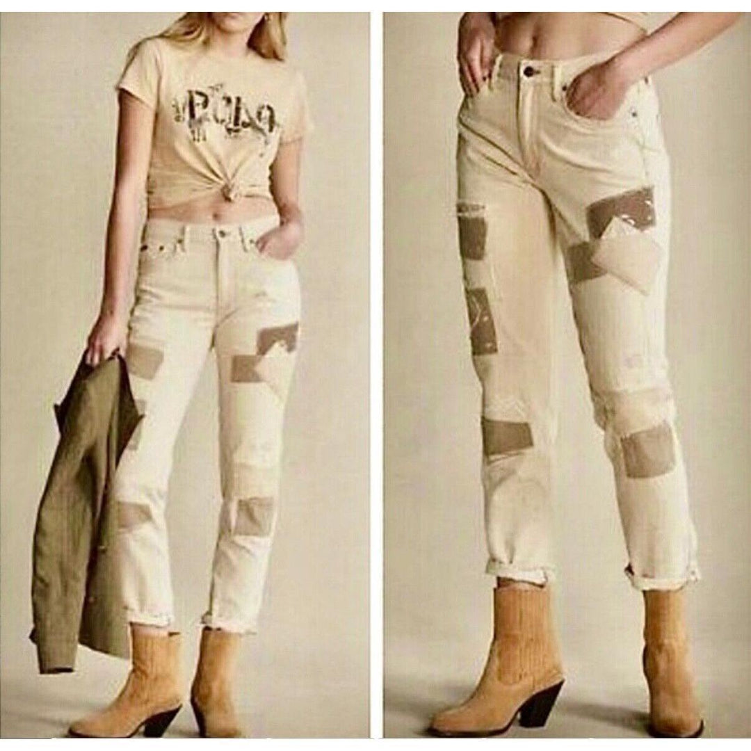 NWT-Ralph Lauren 'Avery Boyfriend' Patchwork Beige Denim Jeans - Size 27 - Jean Pool